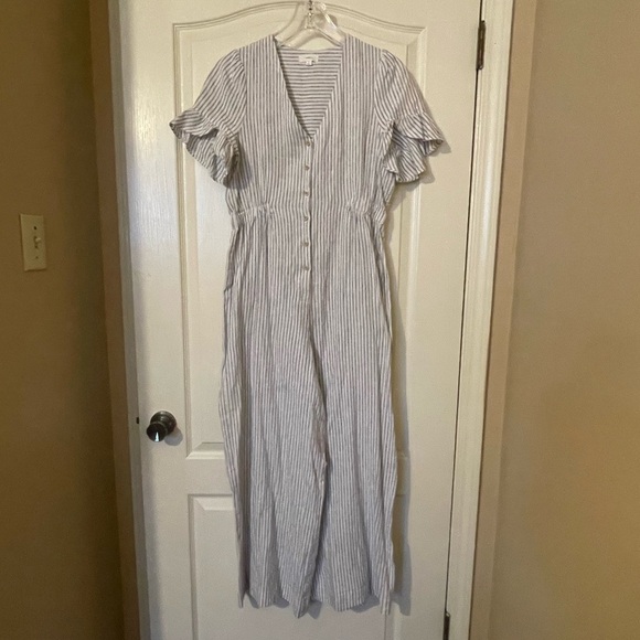 A Loves A Jumpsuit Blue White Ticking Wide Leg Linen Cotton Size S Coastal Boho - Picture 1 of 9
